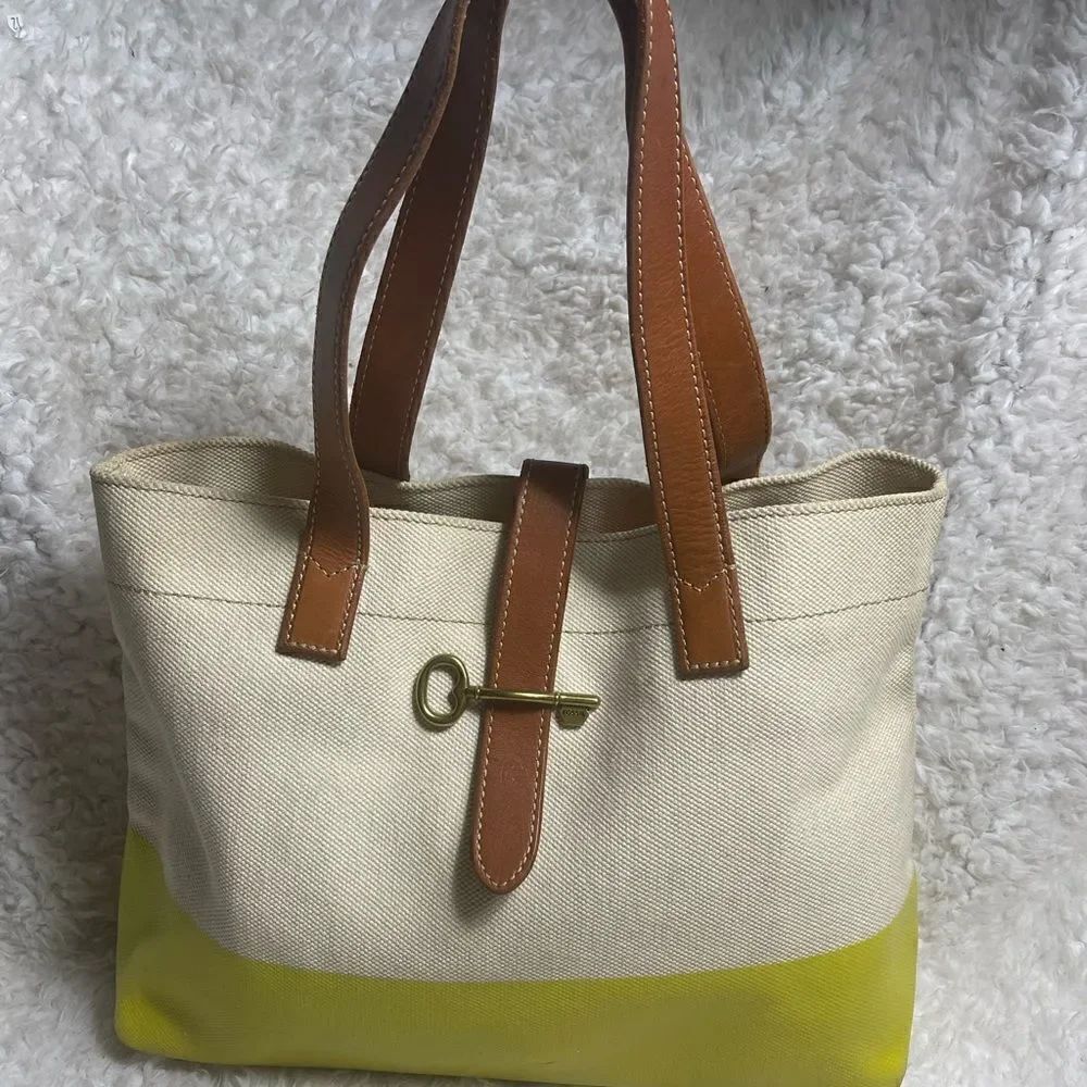 Fossil Beige canvas & neon green coated Tote leather tan straps & brass key